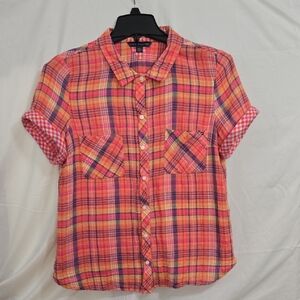 Tommy Hilfiger Women's XL Orange and Pink Plaid Short Sleeve Shirt